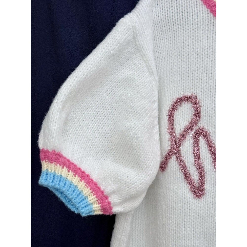 EUC BiBi Fuzzy Cursive Script Spring Sweater Coquette Y2K Puff Sleeve Knit Top S - Picture 4 of 15